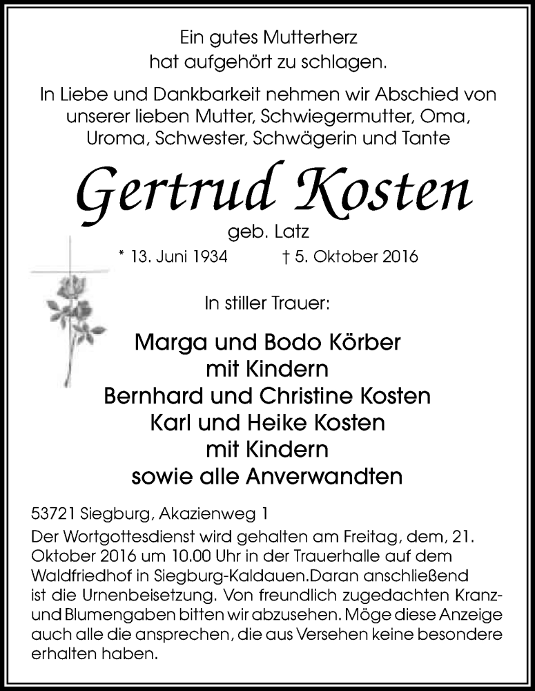  Traueranzeige für Gertrud Kosten vom 15.10.2016 aus Kölner Stadt-Anzeiger / Kölnische Rundschau / Express
