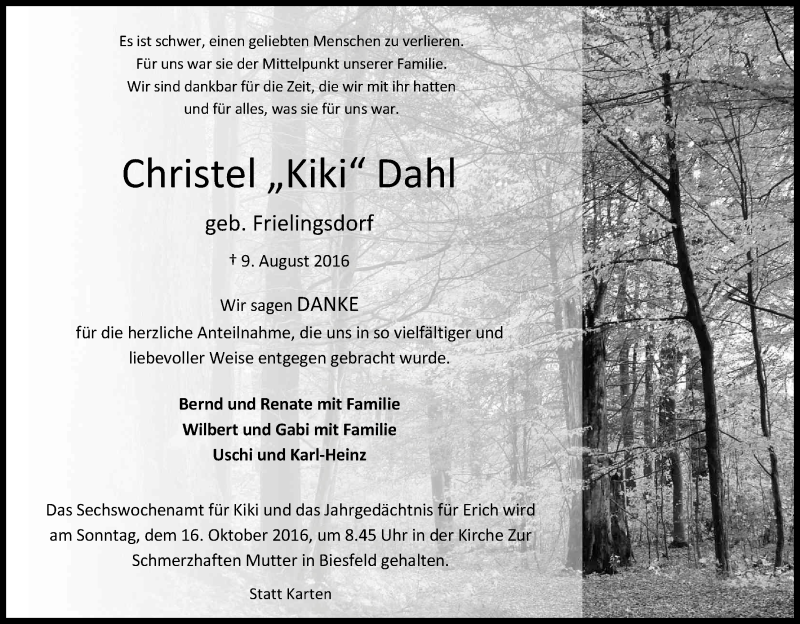  Traueranzeige für Christel Dahl vom 08.10.2016 aus Kölner Stadt-Anzeiger / Kölnische Rundschau / Express