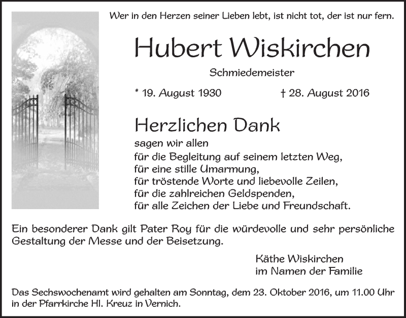  Traueranzeige für Hubert Wiskirchen vom 15.10.2016 aus  Blickpunkt Euskirchen 