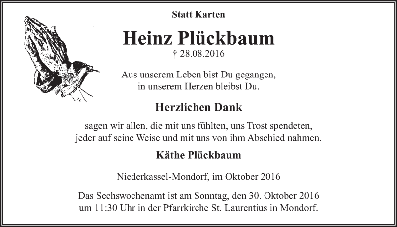  Traueranzeige für Heinz Plückbaum vom 26.10.2016 aus  Extra Blatt 