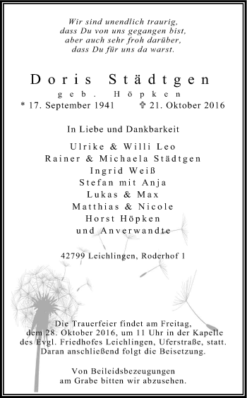 Anzeige von Doris Städtgen von Kölner Stadt-Anzeiger / Kölnische Rundschau / Express