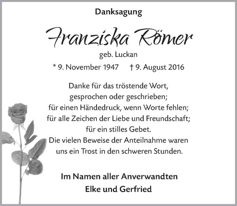  Traueranzeige für Franziska Römer vom 12.10.2016 aus  Bergisches Handelsblatt 