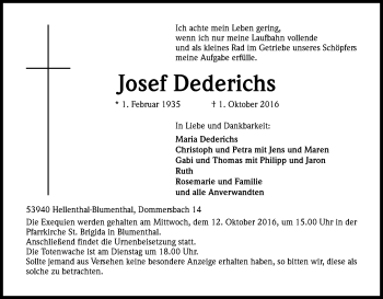 Anzeige von Josef Dederichs von Kölner Stadt-Anzeiger / Kölnische Rundschau / Express