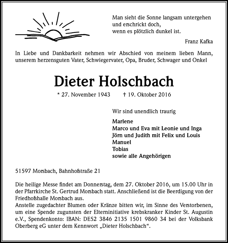  Traueranzeige für Dieter Holschbach vom 22.10.2016 aus Kölner Stadt-Anzeiger / Kölnische Rundschau / Express