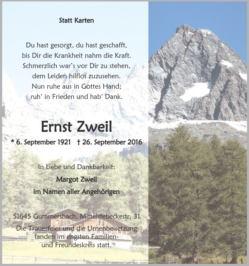  Traueranzeige für Ernst Zweil vom 12.10.2016 aus  Anzeigen Echo 