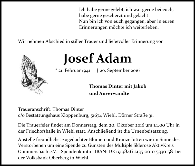  Traueranzeige für Josef Adam vom 15.10.2016 aus Kölner Stadt-Anzeiger / Kölnische Rundschau / Express