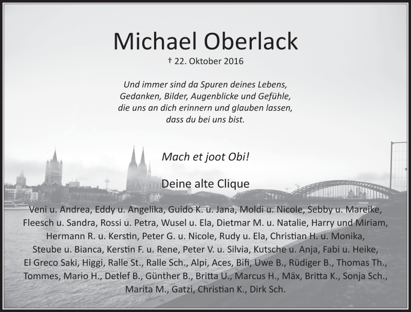  Traueranzeige für Michael Oberlack vom 26.10.2016 aus  Wochenende 