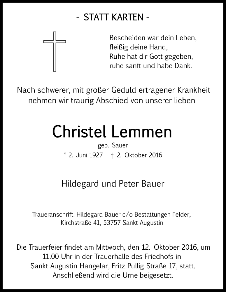  Traueranzeige für Christel Lemmen vom 10.10.2016 aus Kölner Stadt-Anzeiger / Kölnische Rundschau / Express