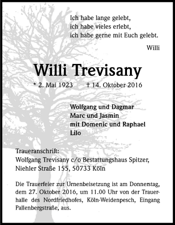 Anzeige von Willi Trevisany von Kölner Stadt-Anzeiger / Kölnische Rundschau / Express
