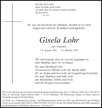 Anzeige von Gisela Lohr von Kölner Stadt-Anzeiger / Kölnische Rundschau / Express