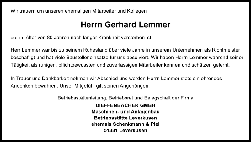  Traueranzeige für Gerhard Lemmer vom 19.10.2016 aus Kölner Stadt-Anzeiger / Kölnische Rundschau / Express