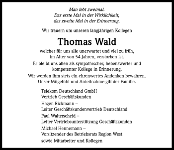 Anzeige von Thomas Wald von Kölner Stadt-Anzeiger / Kölnische Rundschau / Express