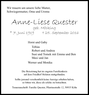 Anzeige von Anne-Liese Quester von Kölner Stadt-Anzeiger / Kölnische Rundschau / Express