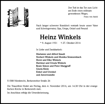 Anzeige von Heinz Winkels von Kölner Stadt-Anzeiger / Kölnische Rundschau / Express