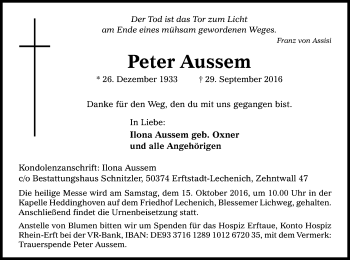 Anzeige von Peter Aussem von Kölner Stadt-Anzeiger / Kölnische Rundschau / Express