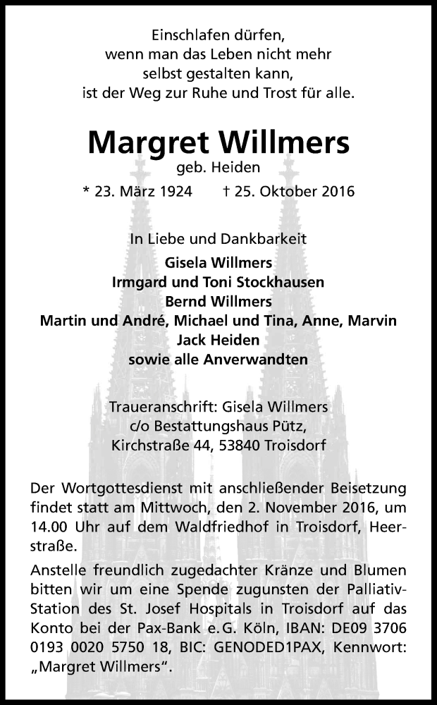  Traueranzeige für Margret Willmers vom 29.10.2016 aus Kölner Stadt-Anzeiger / Kölnische Rundschau / Express