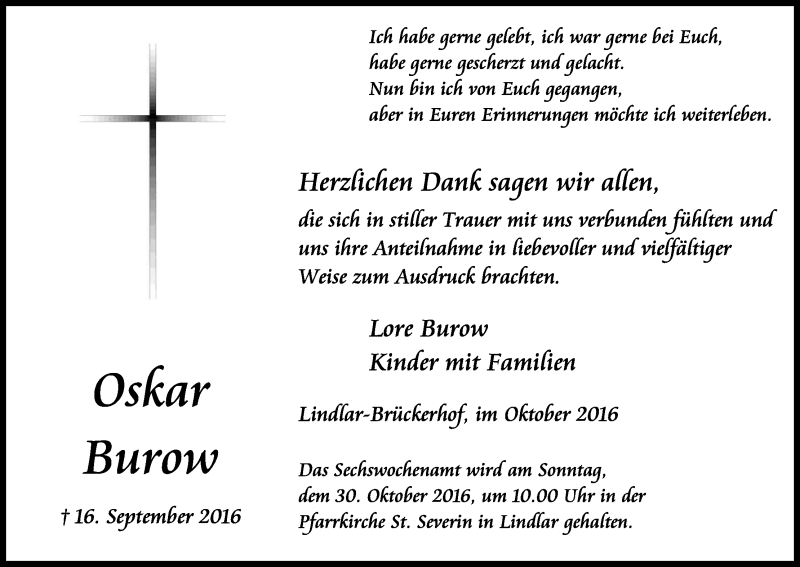  Traueranzeige für Oskar Burow vom 22.10.2016 aus Kölner Stadt-Anzeiger / Kölnische Rundschau / Express