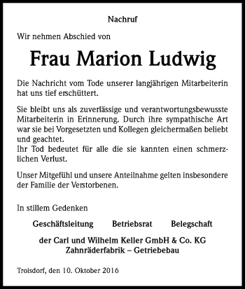 Anzeige von Marion Ludwig von Kölner Stadt-Anzeiger / Kölnische Rundschau / Express