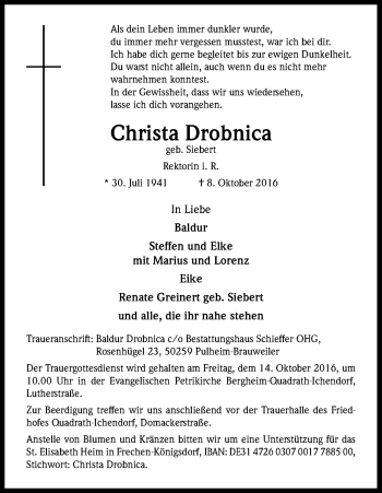 Anzeige von Christa Drobnica von Kölner Stadt-Anzeiger / Kölnische Rundschau / Express