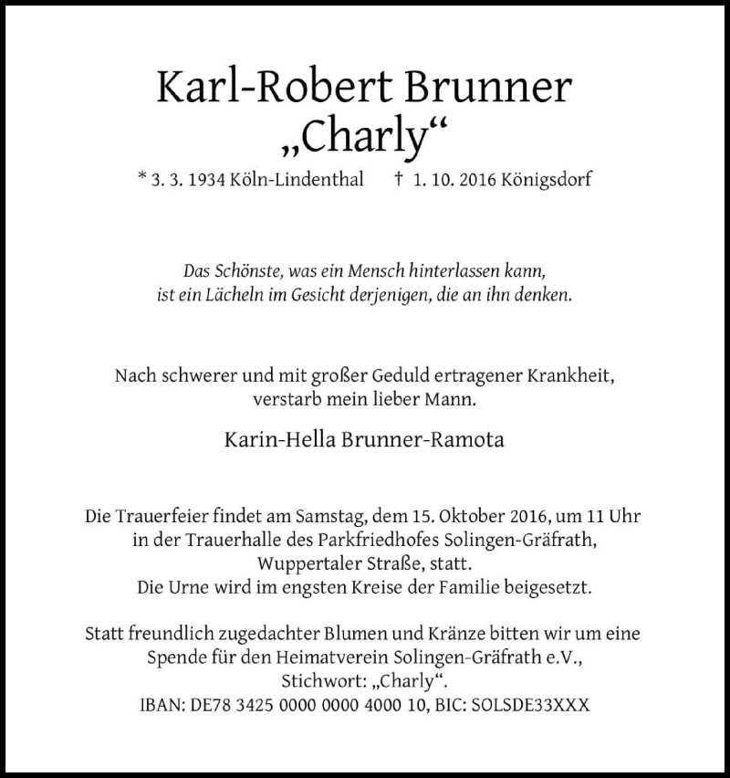  Traueranzeige für Karl-Robert Brunner vom 15.10.2016 aus Kölner Stadt-Anzeiger / Kölnische Rundschau / Express