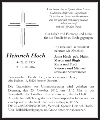 Anzeige von Heinrich Hoch von  Wochenende 