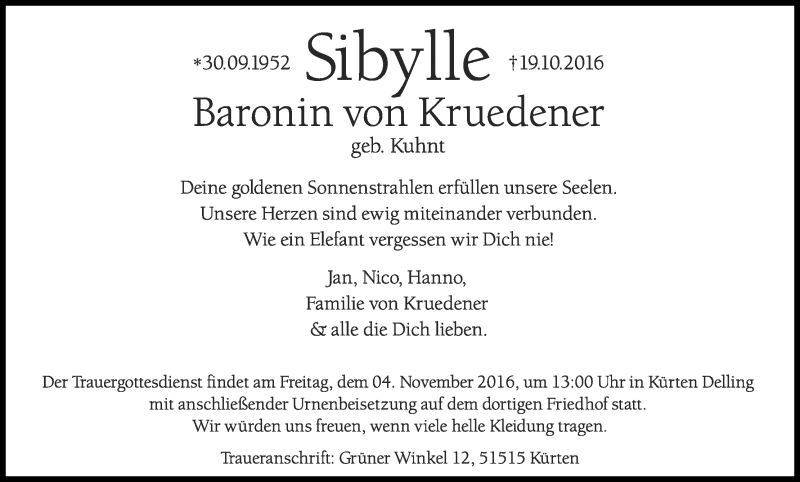  Traueranzeige für Sibylle Baronin von Kruedener vom 29.10.2016 aus Kölner Stadt-Anzeiger / Kölnische Rundschau / Express