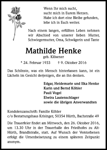Anzeige von Mathilde Henke von Kölner Stadt-Anzeiger / Kölnische Rundschau / Express