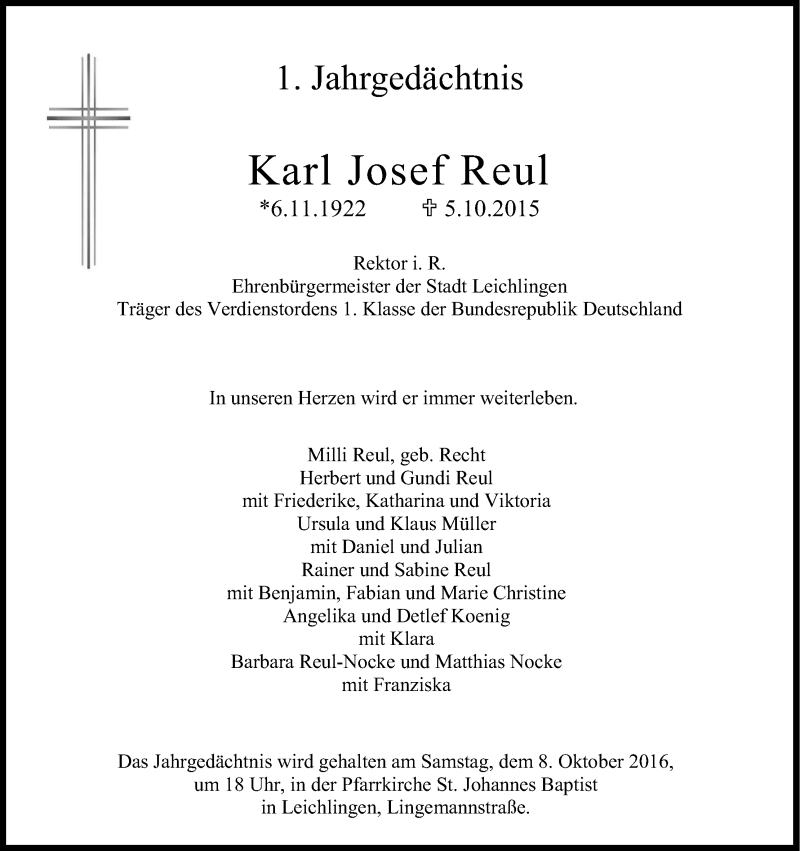  Traueranzeige für Karl Josef Reul vom 05.10.2016 aus Kölner Stadt-Anzeiger / Kölnische Rundschau / Express