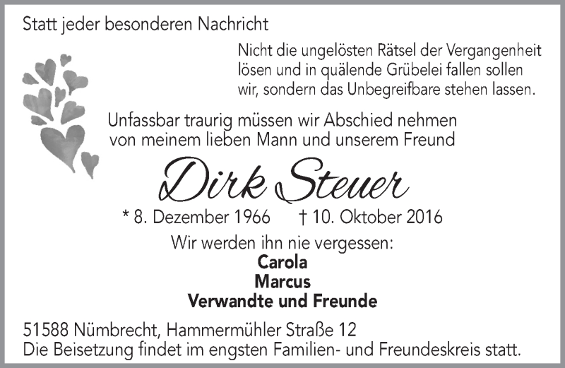  Traueranzeige für Dirk Steuer vom 19.10.2016 aus  Lokalanzeiger 