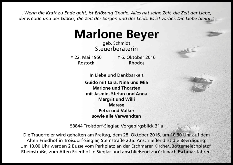  Traueranzeige für Marlone Beyer vom 22.10.2016 aus Kölner Stadt-Anzeiger / Kölnische Rundschau / Express