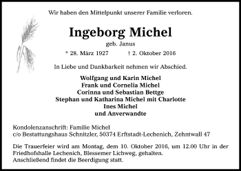 Anzeige von Ingeborg Michel von Kölner Stadt-Anzeiger / Kölnische Rundschau / Express