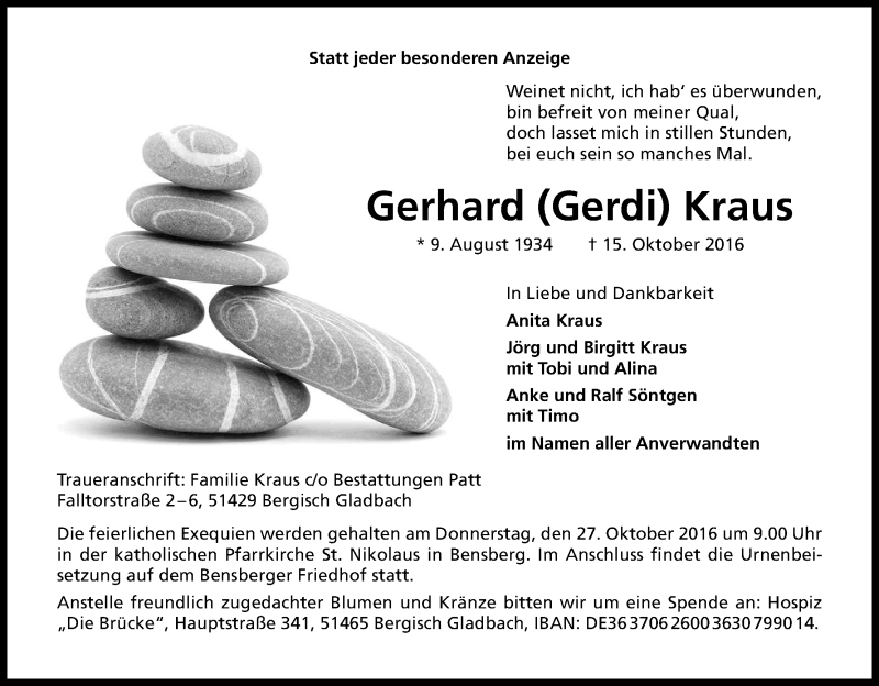  Traueranzeige für Gerhard Kraus vom 19.10.2016 aus Kölner Stadt-Anzeiger / Kölnische Rundschau / Express