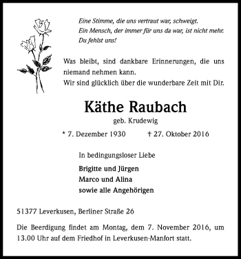 Anzeige von Käthe Raubach von Kölner Stadt-Anzeiger / Kölnische Rundschau / Express