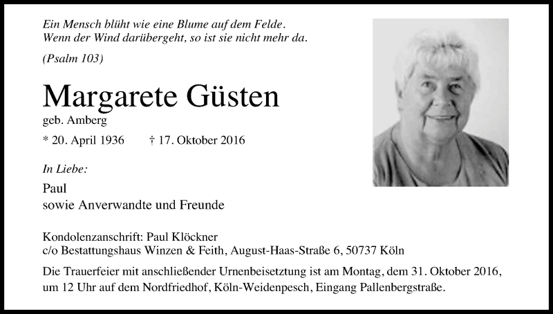  Traueranzeige für Margarete Güsten vom 26.10.2016 aus Kölner Stadt-Anzeiger / Kölnische Rundschau / Express
