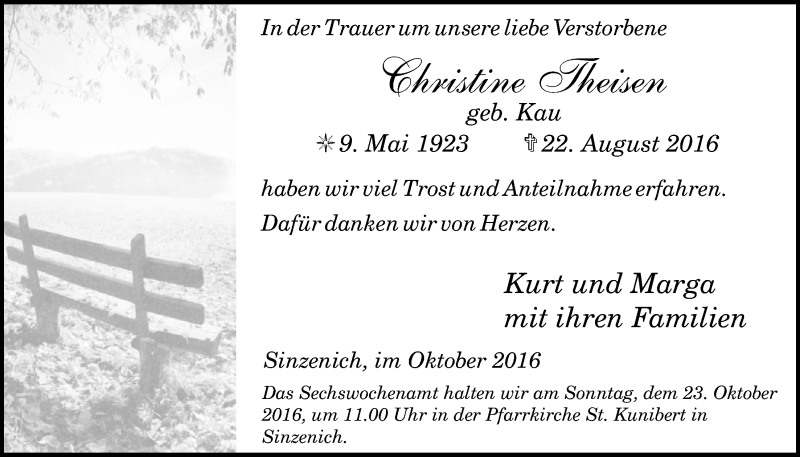  Traueranzeige für Christine Theisen vom 08.10.2016 aus  Blickpunkt Euskirchen 