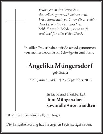 Anzeige von Angelika Müngersdorf von  Sonntags-Post 
