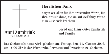 Anzeige von Anni Zumbrink von  Schlossbote/Werbekurier 