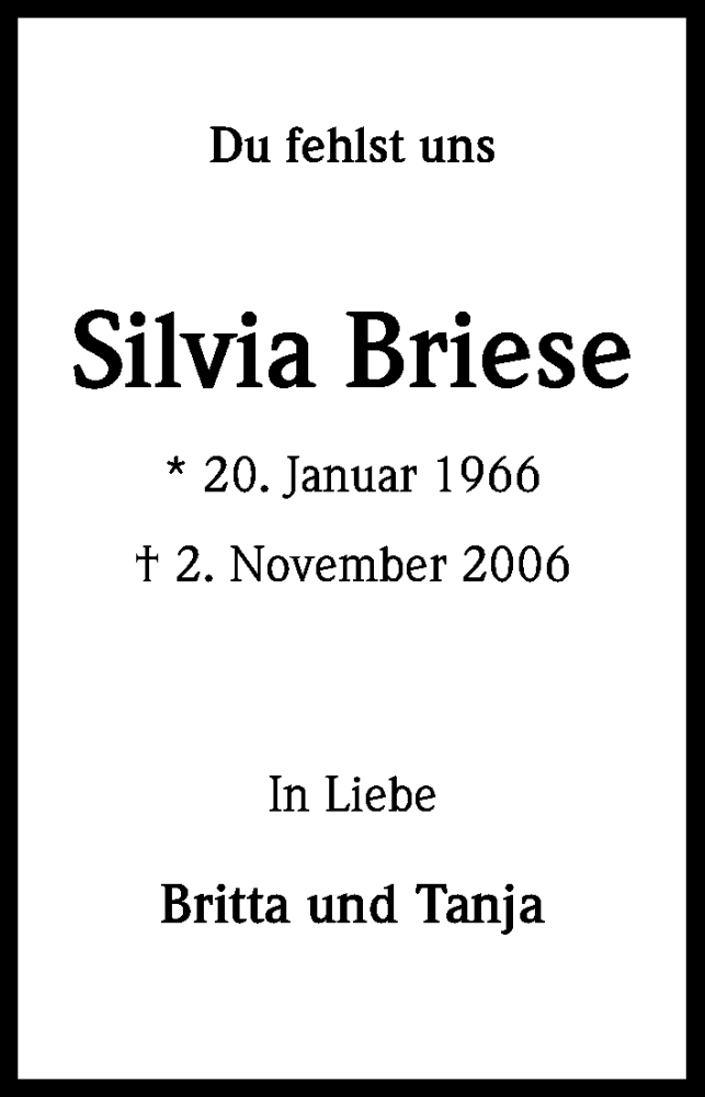  Traueranzeige für Silvia Briese vom 01.11.2016 aus Kölner Stadt-Anzeiger / Kölnische Rundschau / Express