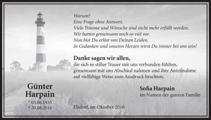  Traueranzeige für Günter Harpain vom 08.10.2016 aus  Sonntags-Post 