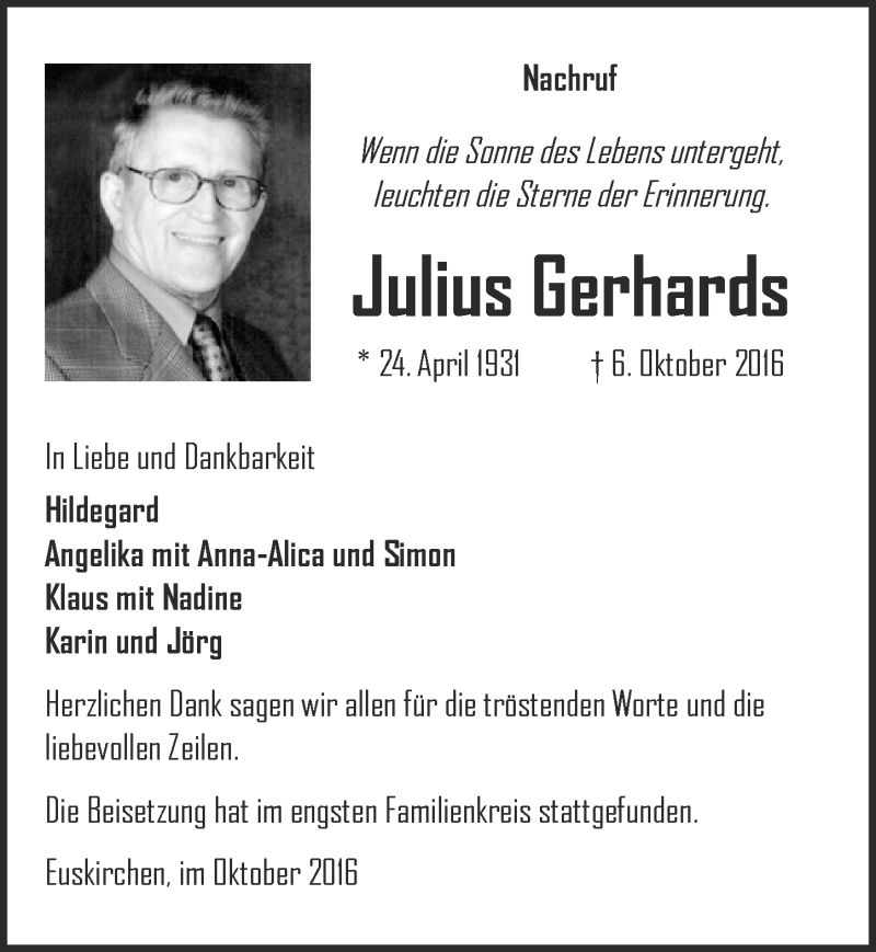  Traueranzeige für Julius Gerhards vom 22.10.2016 aus  Blickpunkt Euskirchen 