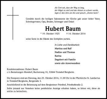 Anzeige von Hubert Baum von Kölner Stadt-Anzeiger / Kölnische Rundschau / Express