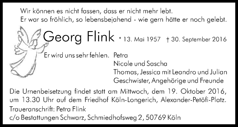  Traueranzeige für Georg Flink vom 08.10.2016 aus Kölner Stadt-Anzeiger / Kölnische Rundschau / Express