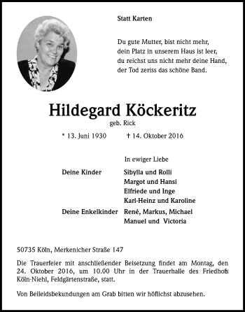 Anzeige von Hildegard Köckeritz von Kölner Stadt-Anzeiger / Kölnische Rundschau / Express