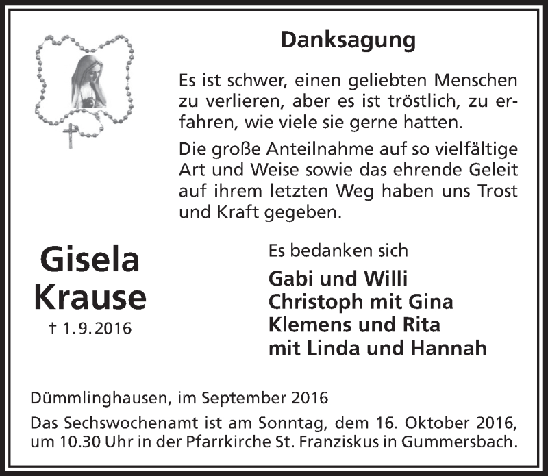  Traueranzeige für Gisela Krause vom 05.10.2016 aus  Anzeigen Echo 