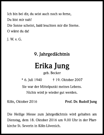 Anzeige von Erika Jung von Kölner Stadt-Anzeiger / Kölnische Rundschau / Express