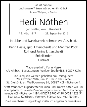 Anzeige von Hedi Nöthen von Kölner Stadt-Anzeiger / Kölnische Rundschau / Express