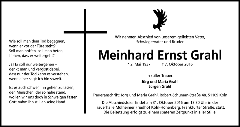  Traueranzeige für Meinhard Ernst Grahl vom 22.10.2016 aus Kölner Stadt-Anzeiger / Kölnische Rundschau / Express