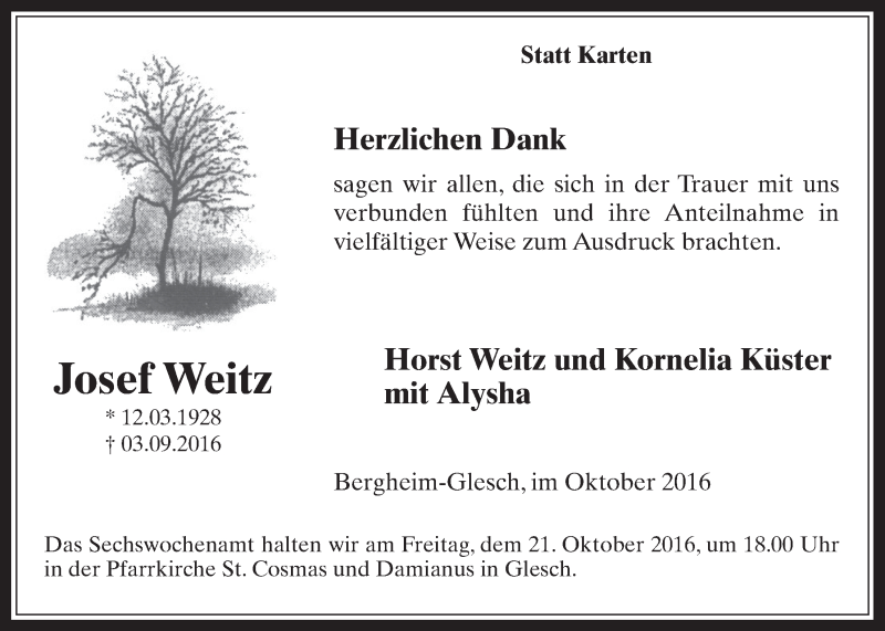  Traueranzeige für Josef Weitz vom 19.10.2016 aus  Werbepost 
