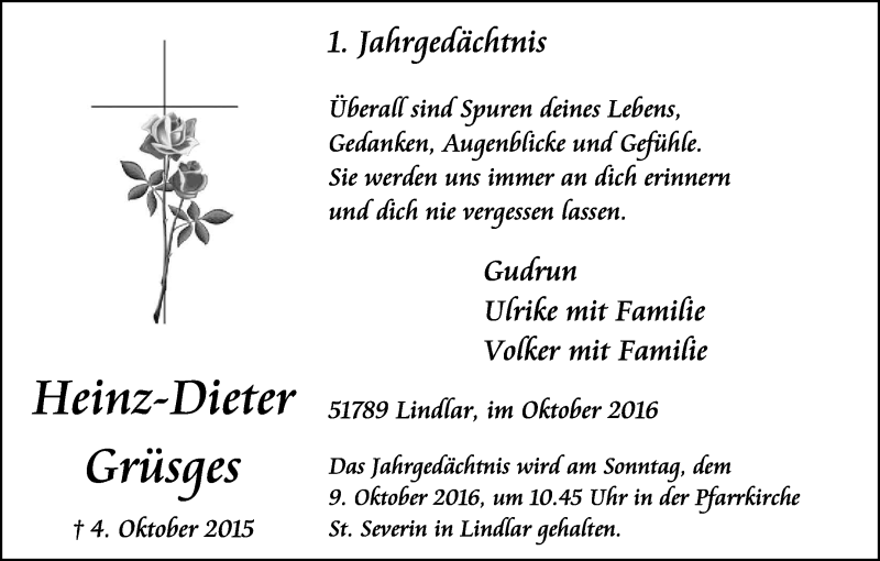  Traueranzeige für Heinz-Dieter Grüsges vom 08.10.2016 aus Kölner Stadt-Anzeiger / Kölnische Rundschau / Express