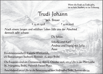 Anzeige von Trudi Johann von  Schlossbote/Werbekurier 